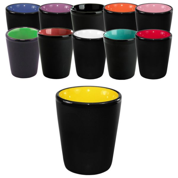 1.5 oz ceramic shot glass - Black Matte Satin Exterior w/ Colored Glossy Interior and Gloss Black Rim