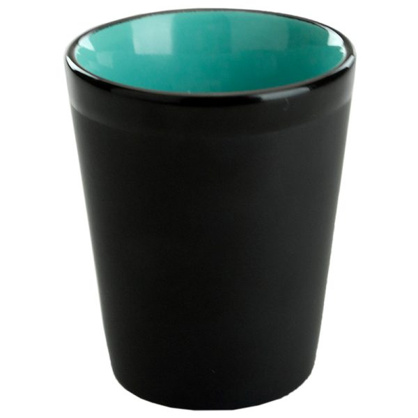 1.5 oz ceramic shot glass - Black Matte Satin Exterior w/ Colored Glossy Interior and Gloss Black Rim - Image 2