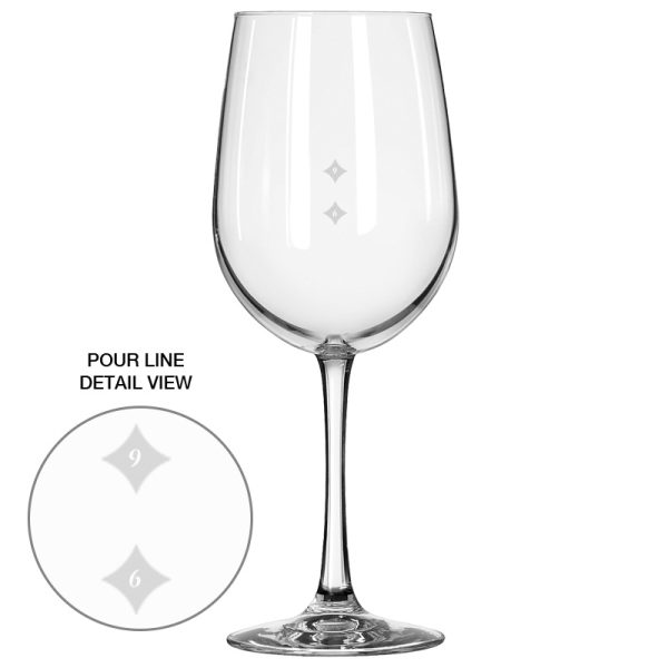 18.5 ounces Libbey vina tall wine glass. Pre-Decorated with 6 oz and 9 oz pour marks - MADE IN USA