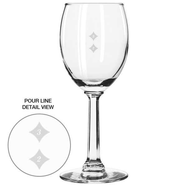 6.5 oz Libbey napa country wine glass. Pre-Decorated with 2 oz and 3 oz pour marks - MADE IN USA